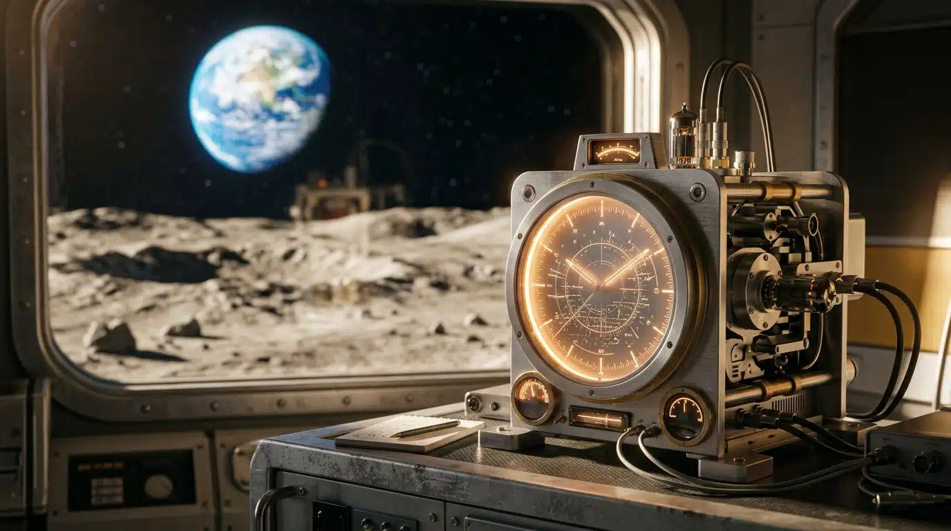 Horloge de précision devant la surface lunaire floue