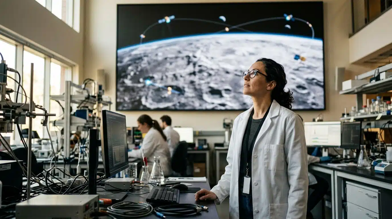 Scientifique observant un écran de paysage lunaire