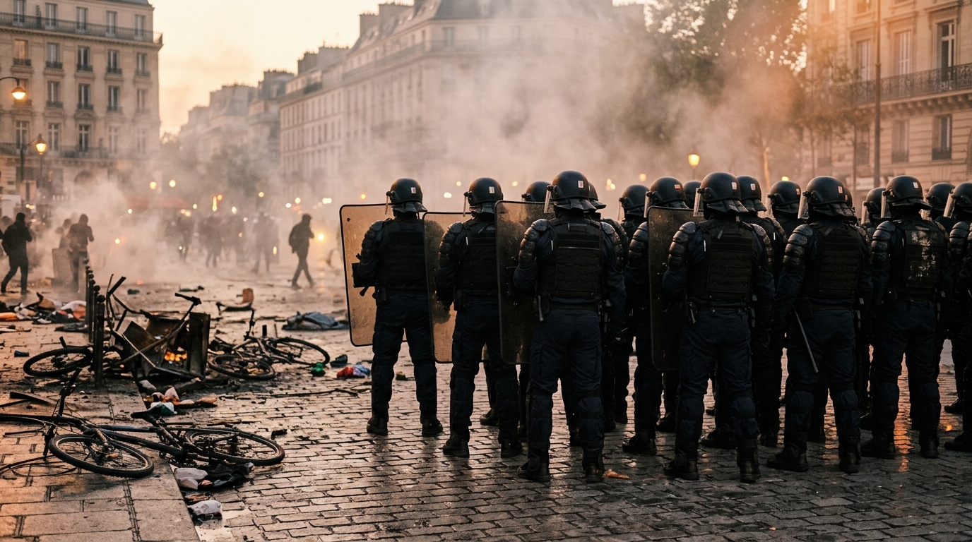 Rang de policiers casqués sur une place parisienne enfumée