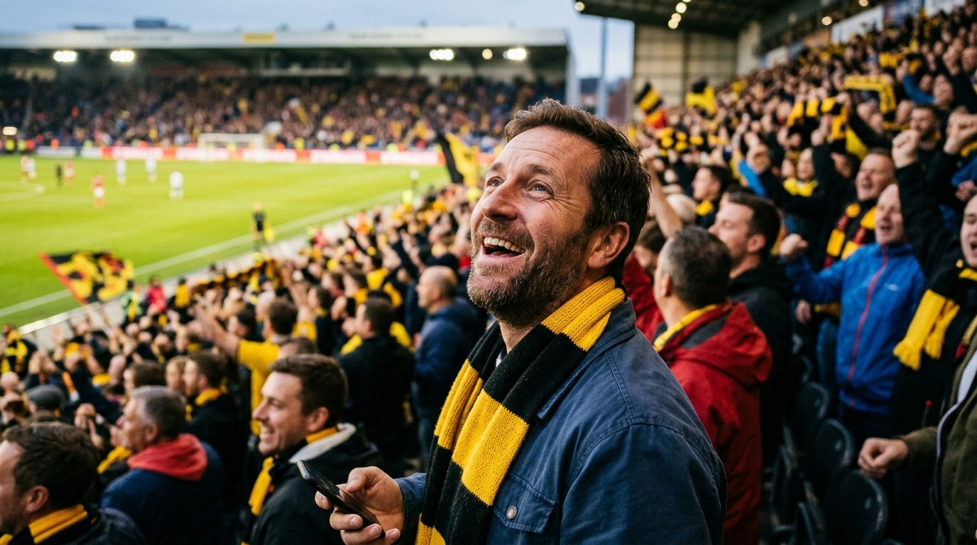 Supporter ravi dans les tribunes, téléphone baissé