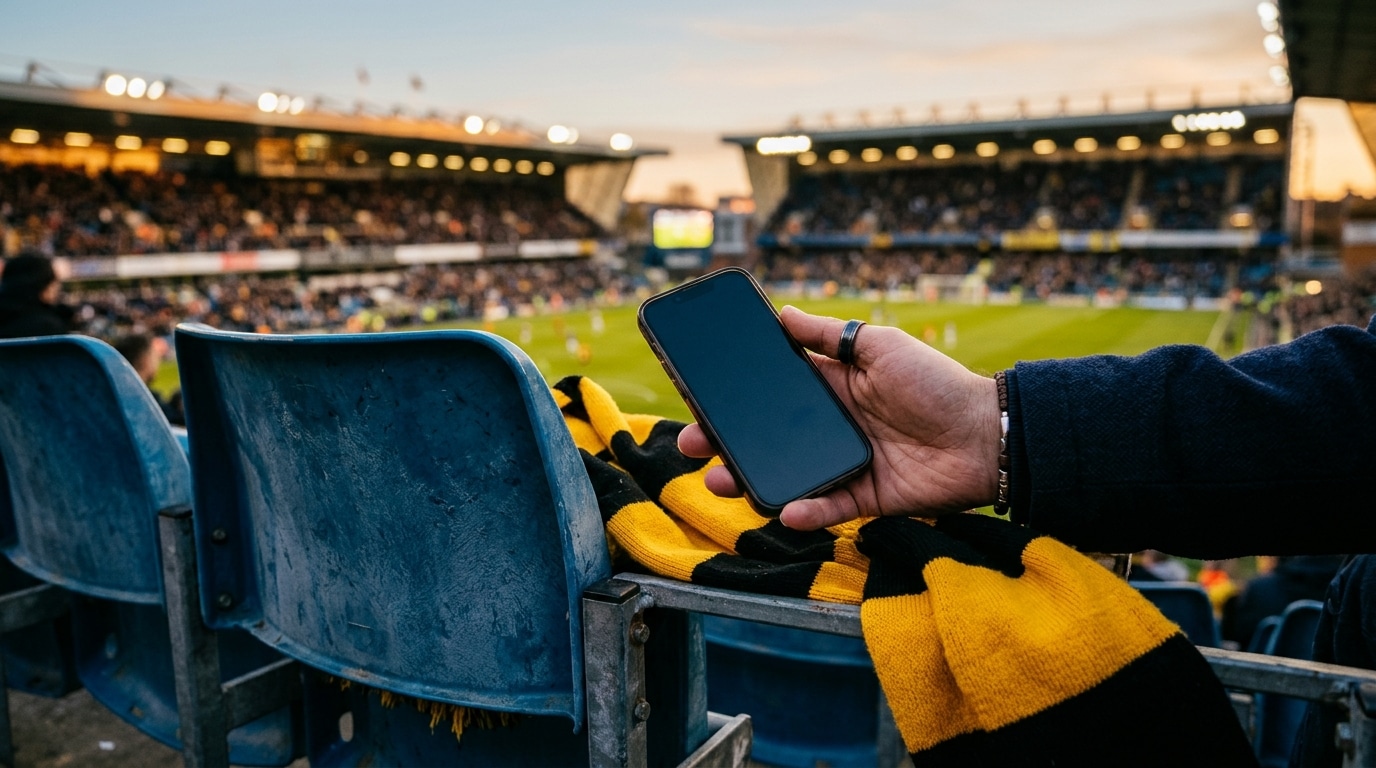 Main tenant un smartphone éteint devant un stade