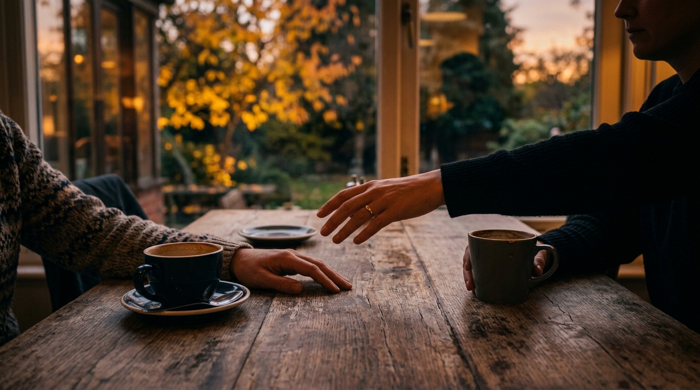 Deux mains qui s'éloignent autour de tasses de café