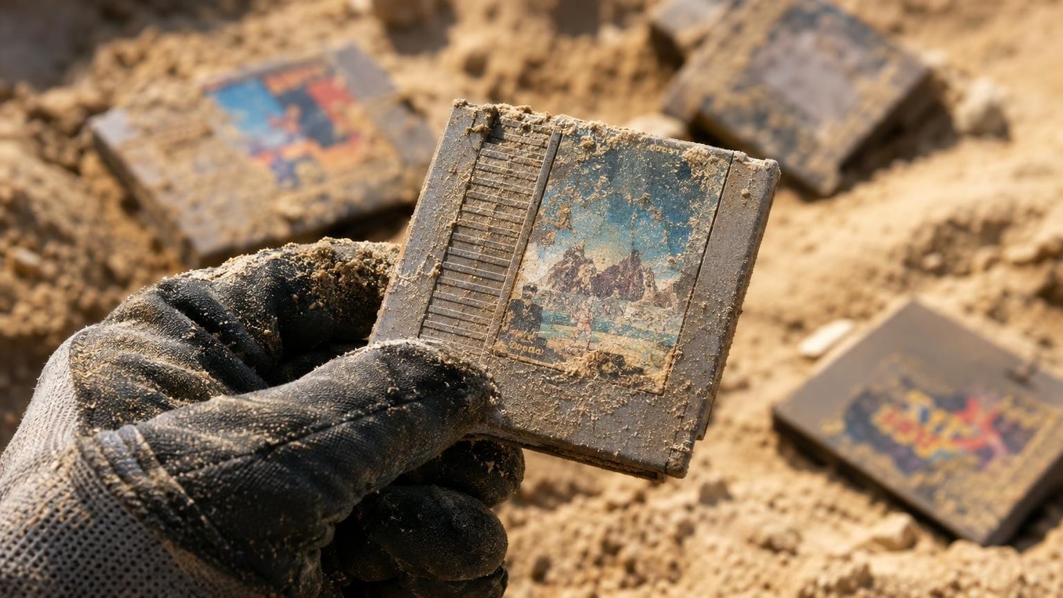 Main gantée tenant une vieille cartouche couverte de sable