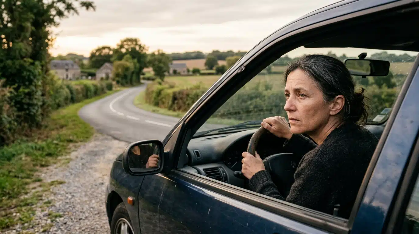 Conductrice inquiète au volant sur une route de campagne