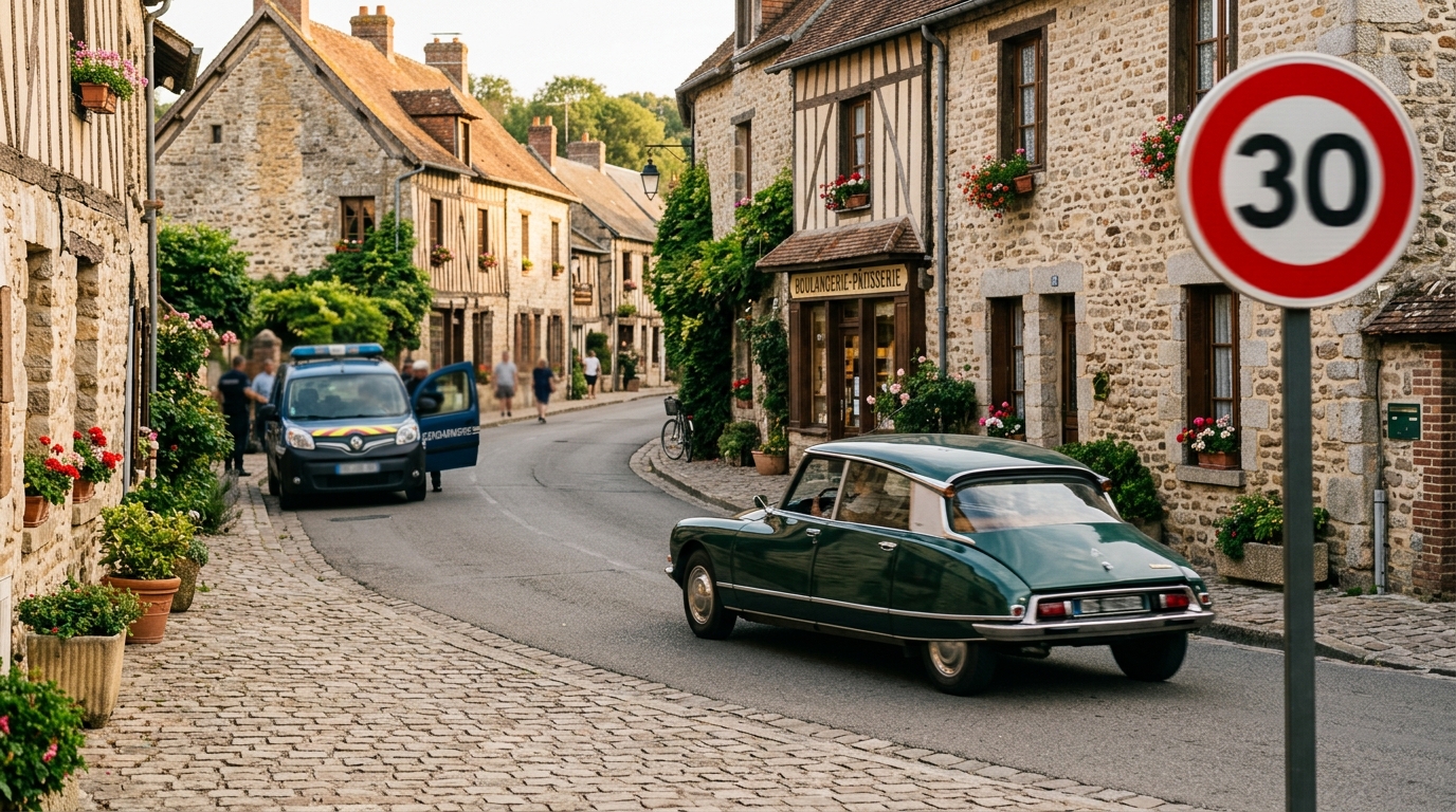 Voiture traversant une rue calme de village normand