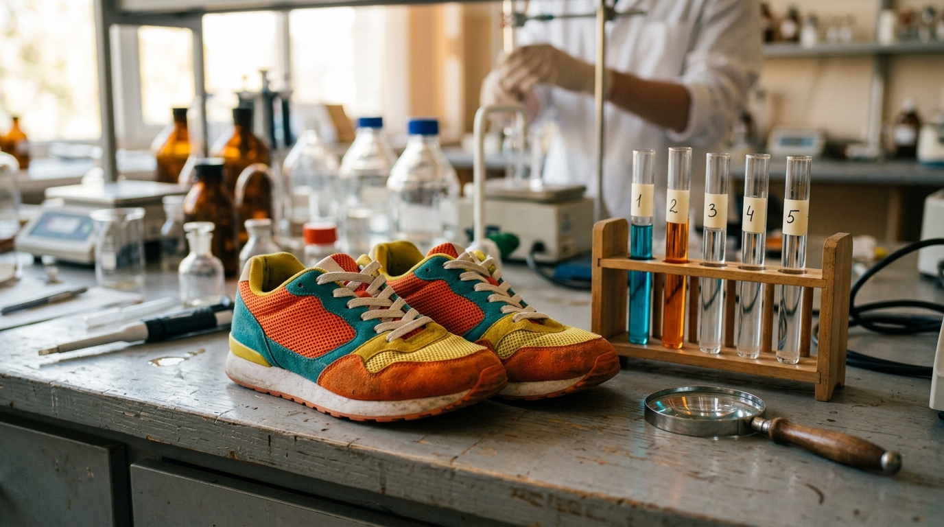 Baskets colorées posées sur une paillasse de laboratoire