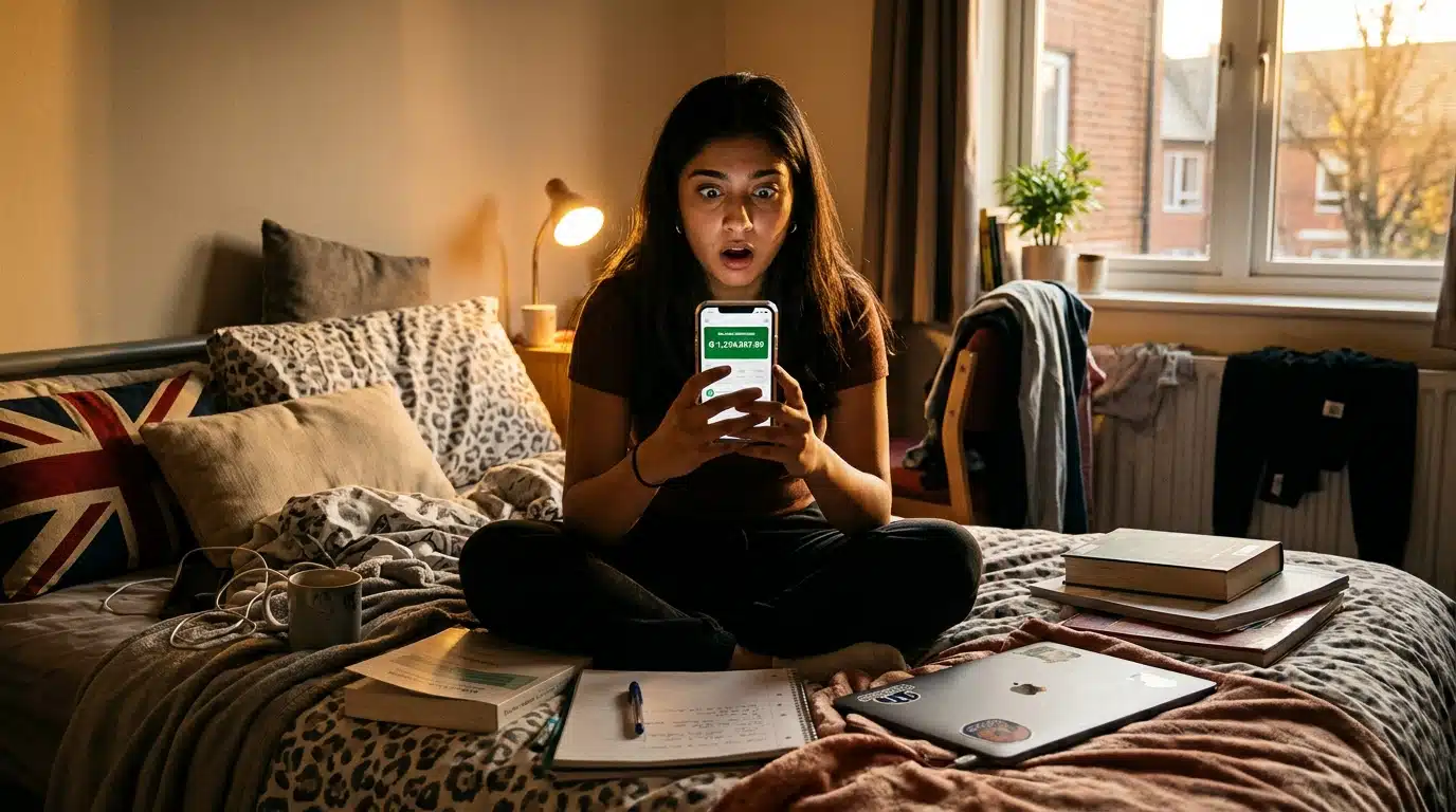 Étudiante choquée devant son solde bancaire sur son téléphone