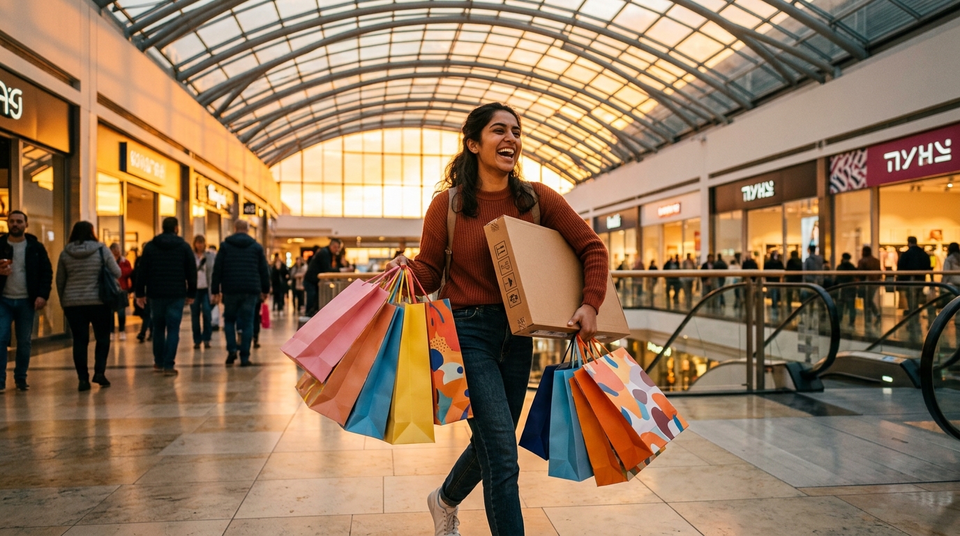Étudiante les bras chargés de sacs dans un centre commercial