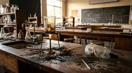 Bécher et flamme sur une paillasse de laboratoire scolaire