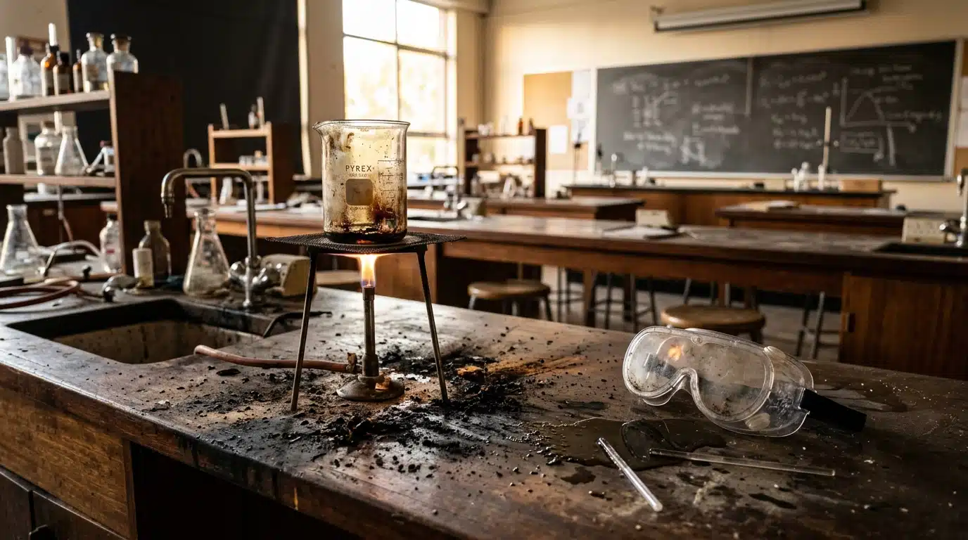Bécher et flamme sur une paillasse de laboratoire scolaire