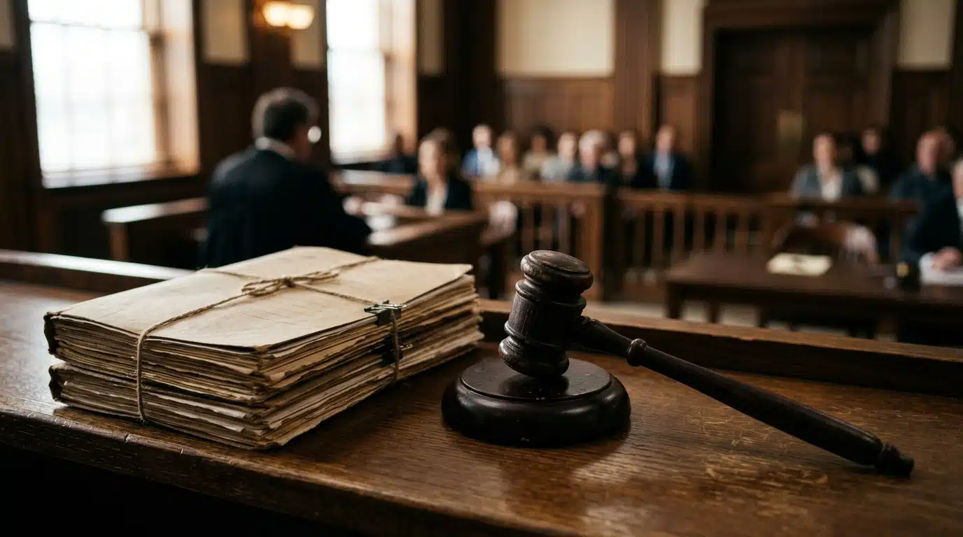 Maillet de juge posé sur un bureau de tribunal
