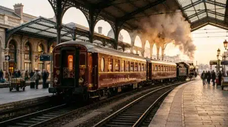 Train Art déco bordeaux et or en gare au crépuscule