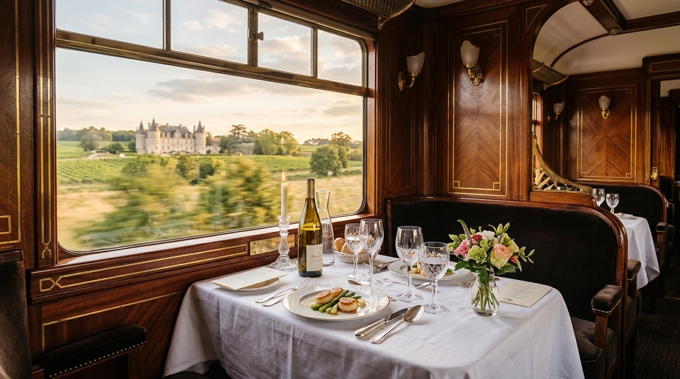 Table raffinée dans une voiture-restaurant de style Belle Époque