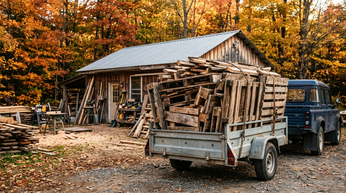 Remorque chargée de bois de palette devant un atelier