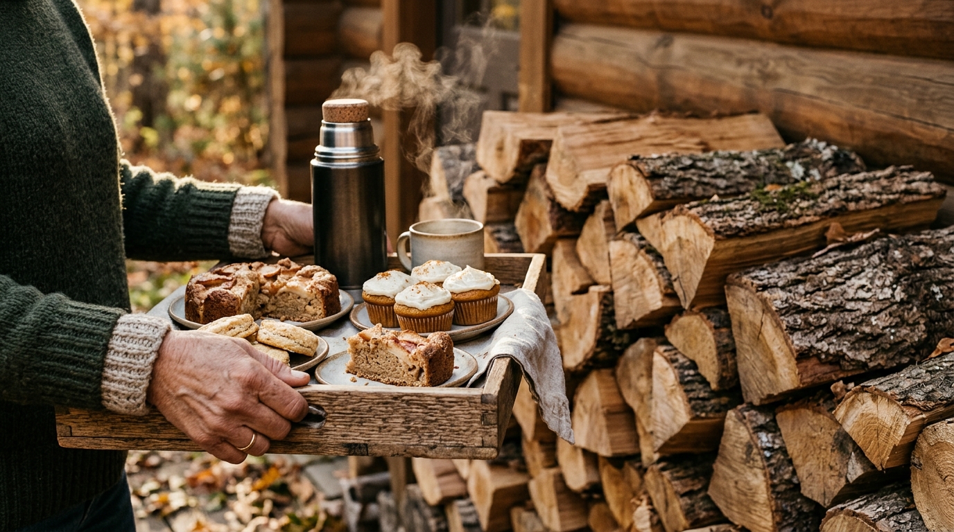 Mains tenant gâteaux et thermos près d'un tas de bûches