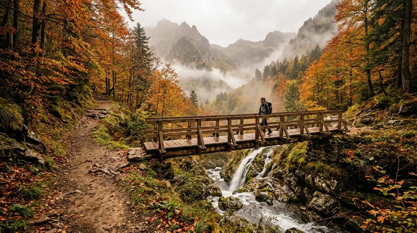 Sentier de randonnée et cascade en forêt d'automne