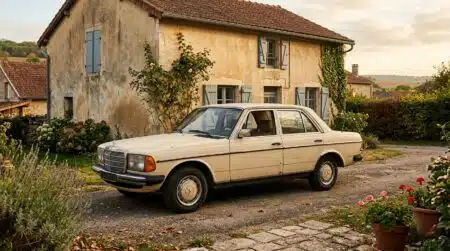 Berline allemande des années 80 garée devant une maison