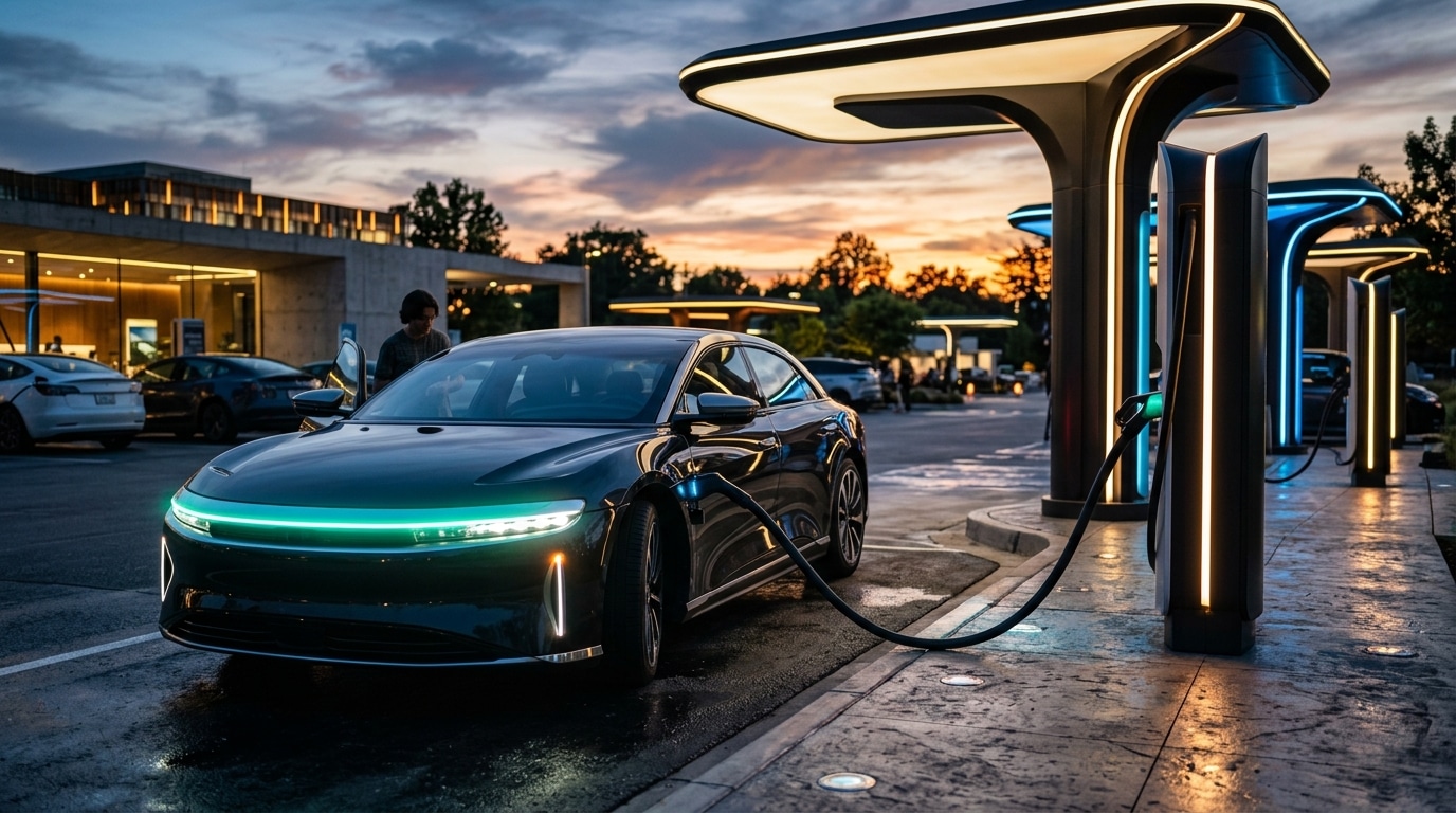 Berline électrique sombre branchée à une borne de recharge ultra-rapide