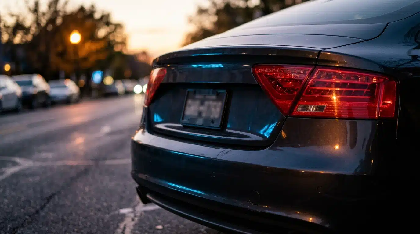 Arrière de voiture avec plaque floue au crépuscule