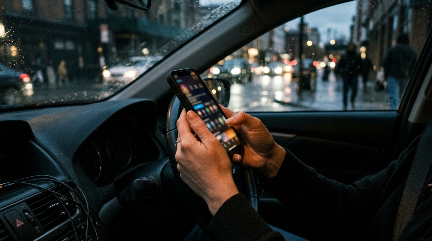 Mains tenant un smartphone dans une voiture garée