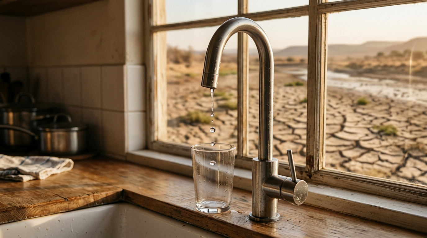 Robinet de cuisine gouttant au-dessus d'un verre vide