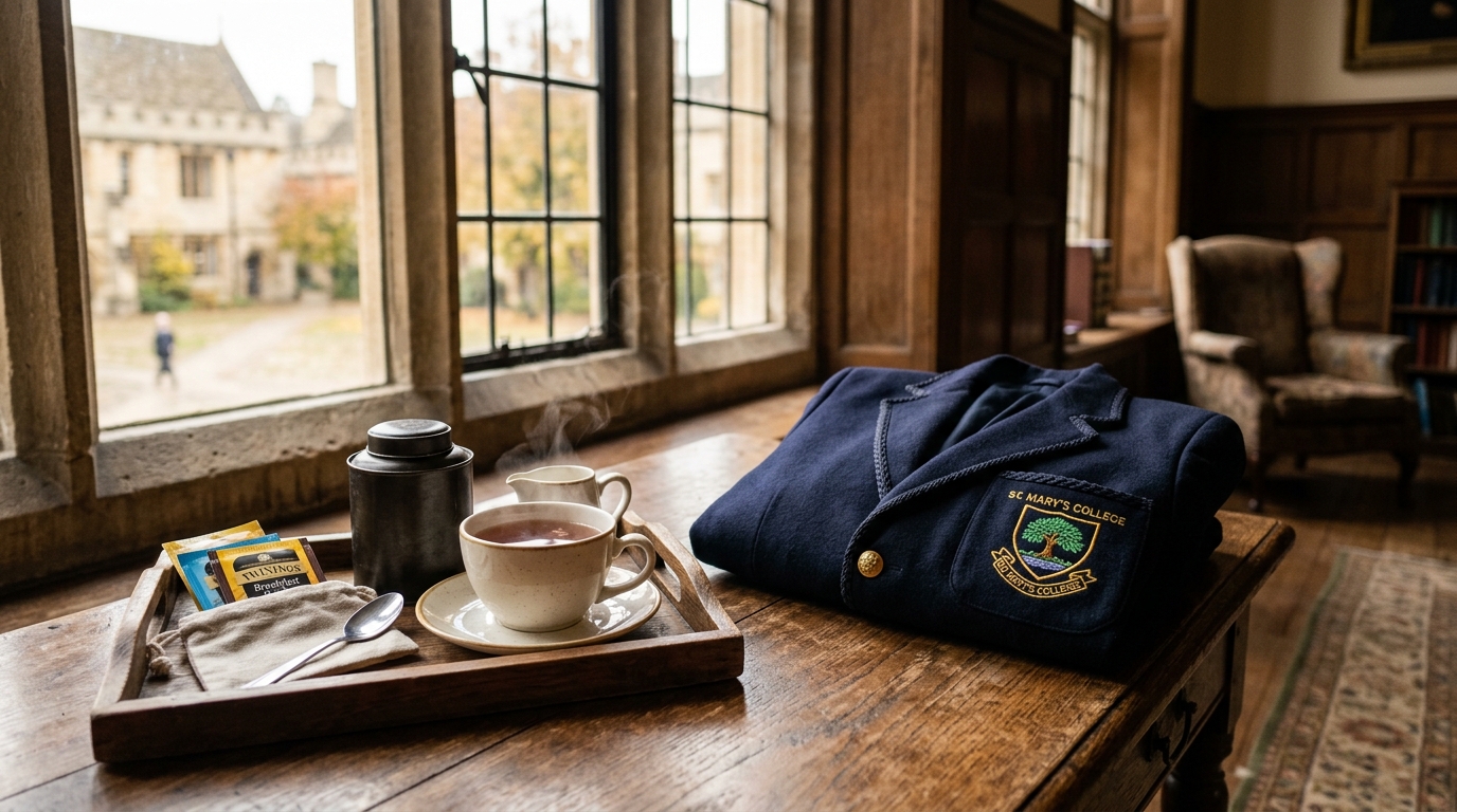 Tasse de thé fumante et blazer d'écolier sur table en bois