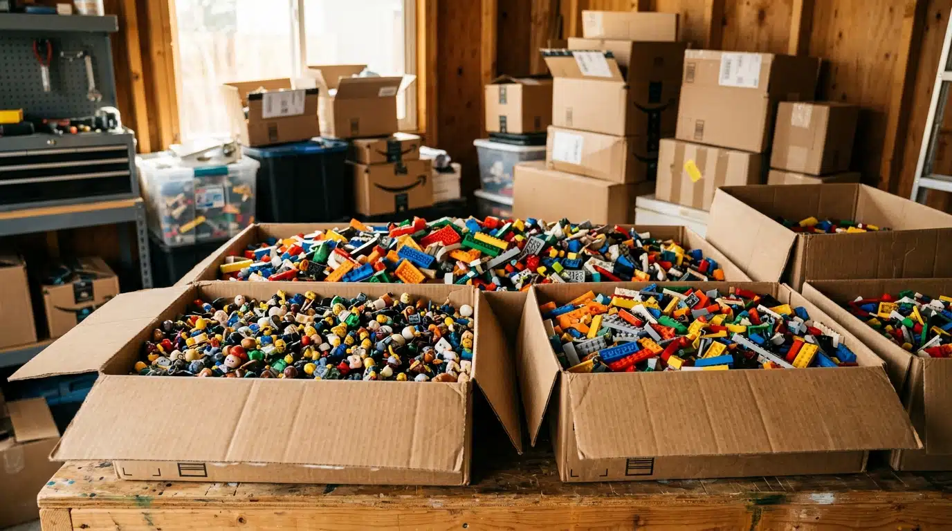 Tas de briques et figurines colorées triées dans des cartons