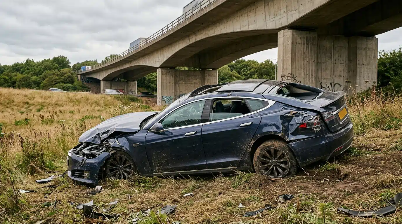 Berline électrique détruite contre un talus sous un pont