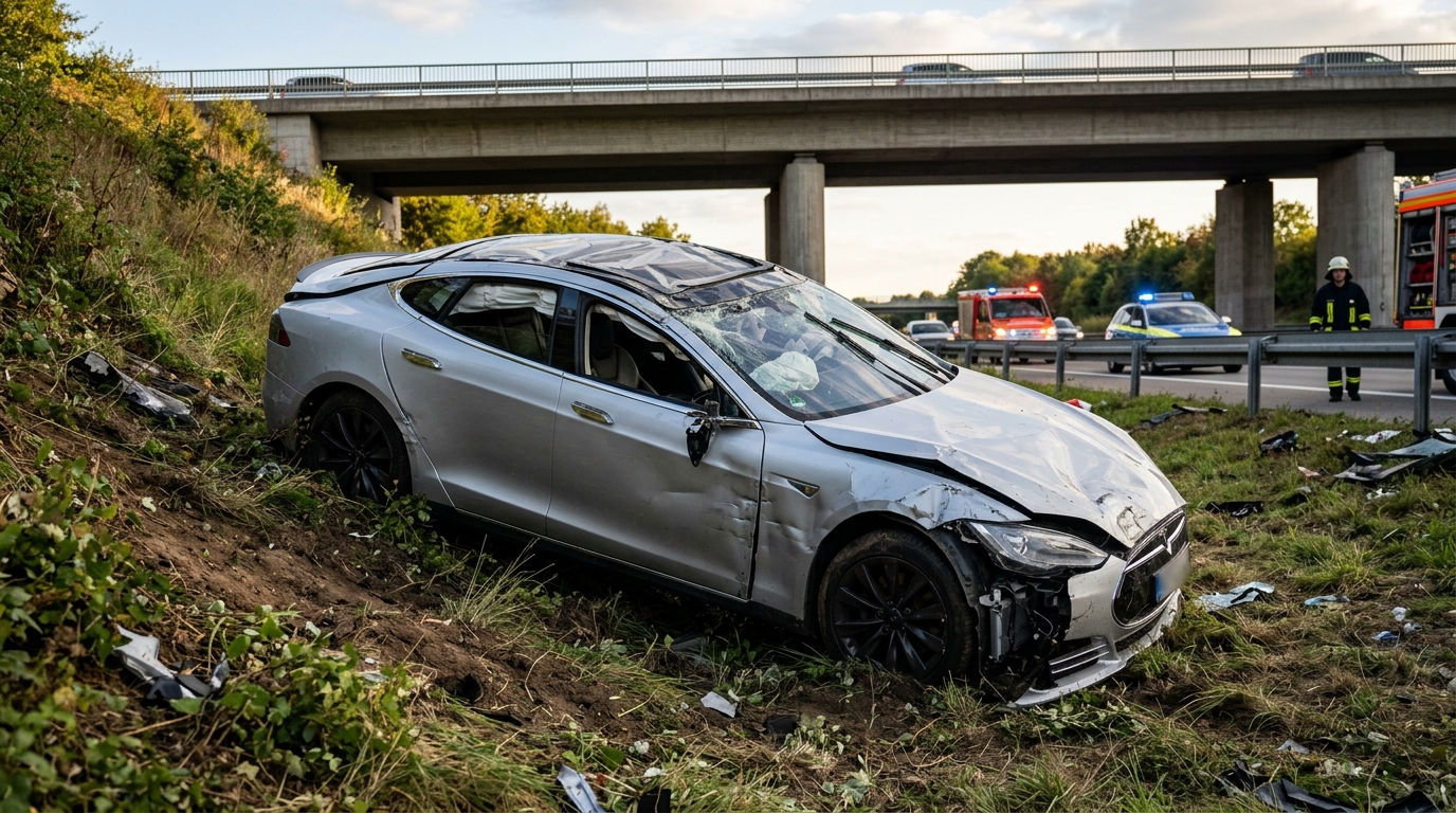 Berline électrique détruite contre un talus sous un pont