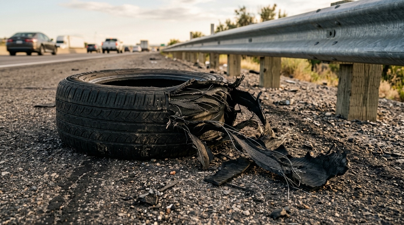 Pneu éclaté en lambeaux sur le bitume d'une autoroute