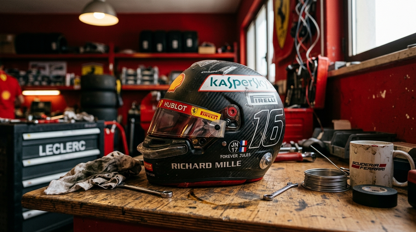 Casque de course avec hommage peint dans un garage Ferrari