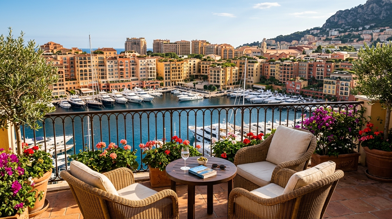 Terrasse ensoleillée face au port de Monaco et ses yachts