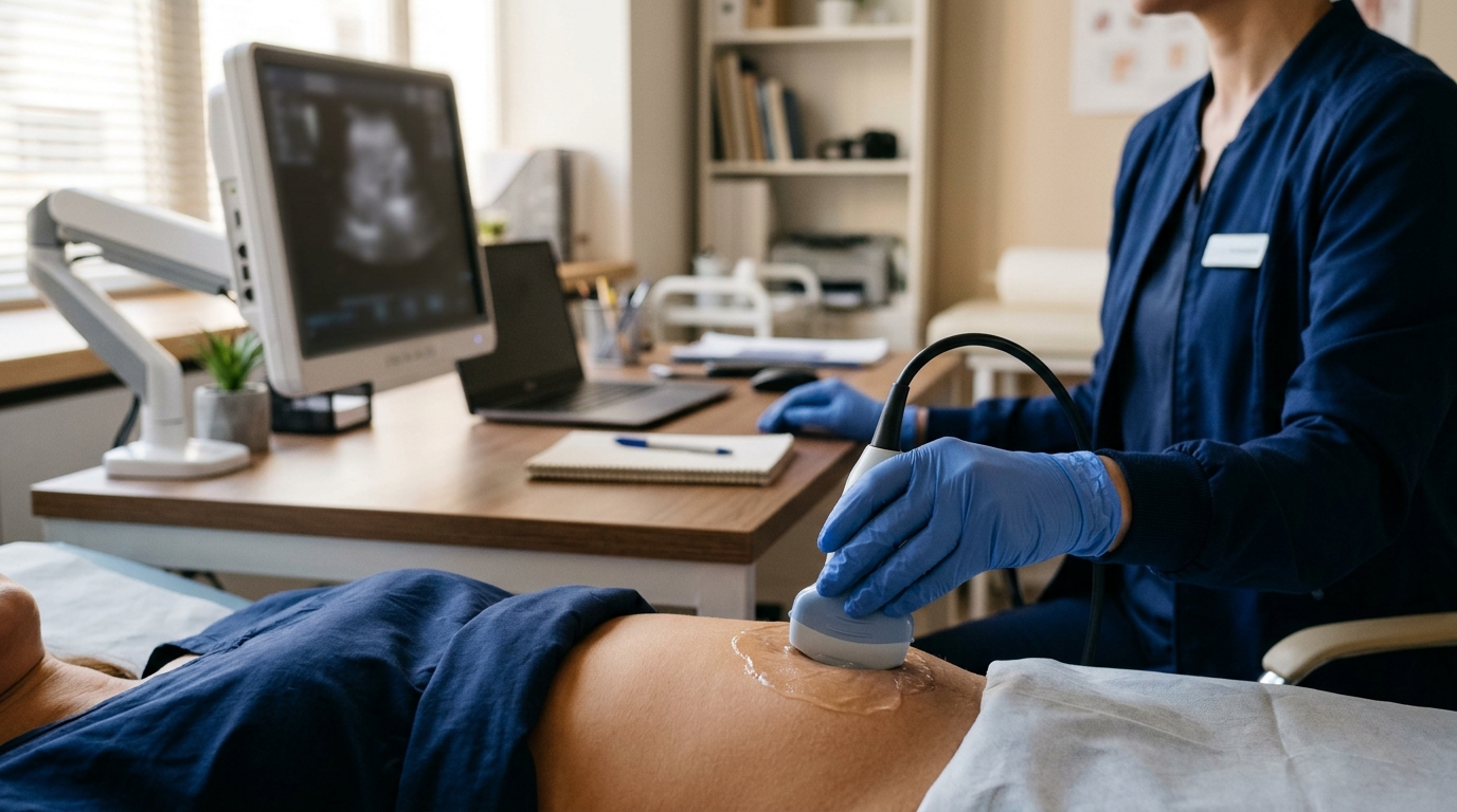 Mains de médecin tenant une sonde d'échographie