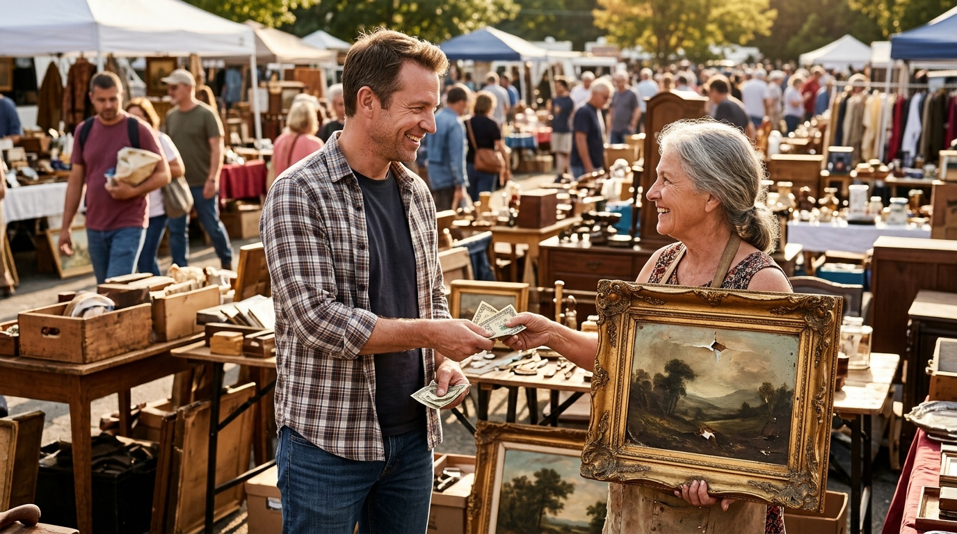 Acheteur payant un vieux tableau abîmé dans un vide-grenier