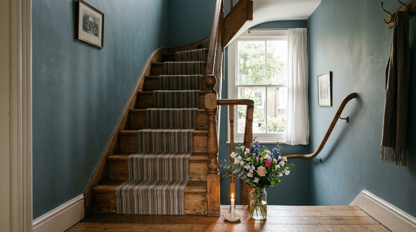 Escalier en bois avec bougie et bouquet de fleurs