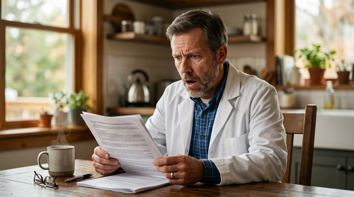 Médecin stupéfait devant un rapport imprimé dans sa cuisine