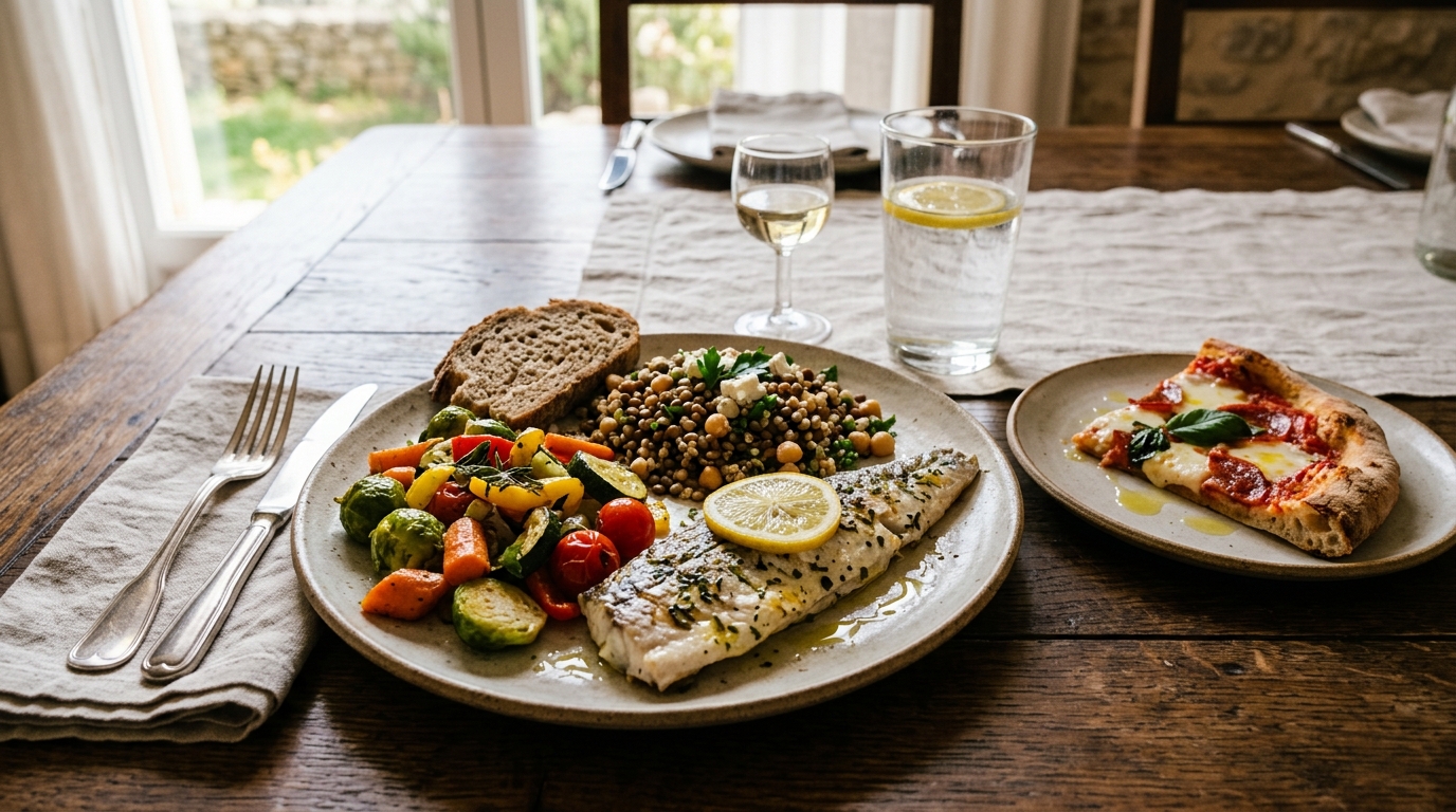 Assiette équilibrée de légumes et poisson avec une part de pizza