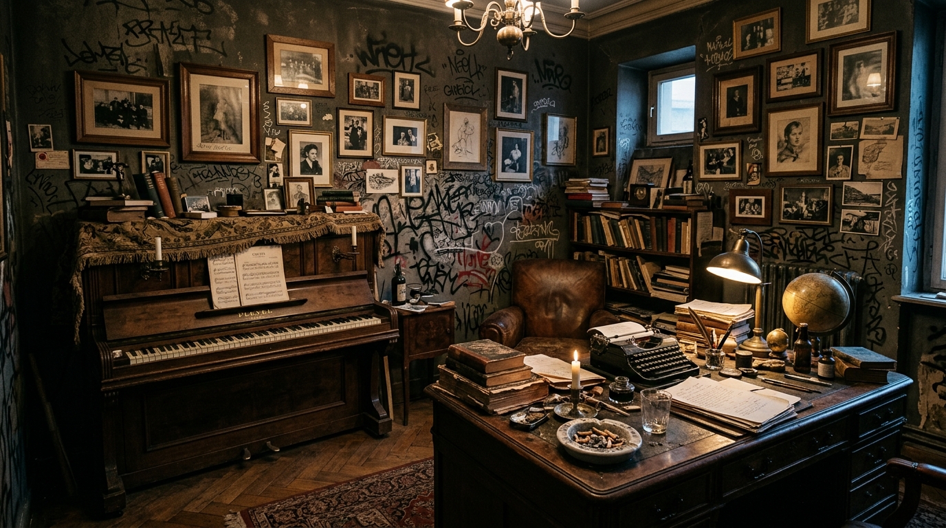 Intérieur sombre et figé de la maison du 5 bis rue de Verneuil, avec ses murs couverts de graffitis