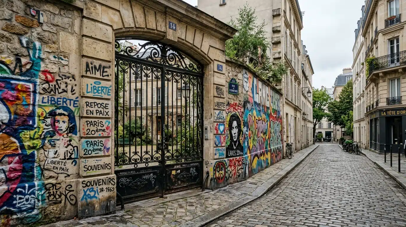 Le mur couvert d'hommages devant la maison de la rue de Verneuil, à Paris