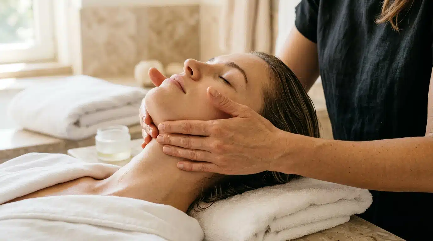 Mains massant doucement la mâchoire et le cou