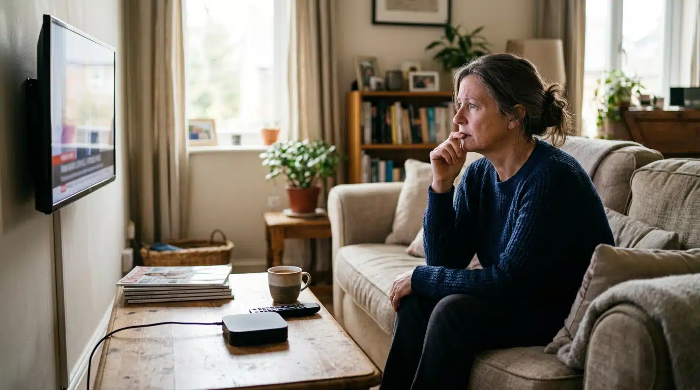 Homme inquiet devant sa télévision et un boîtier de streaming
