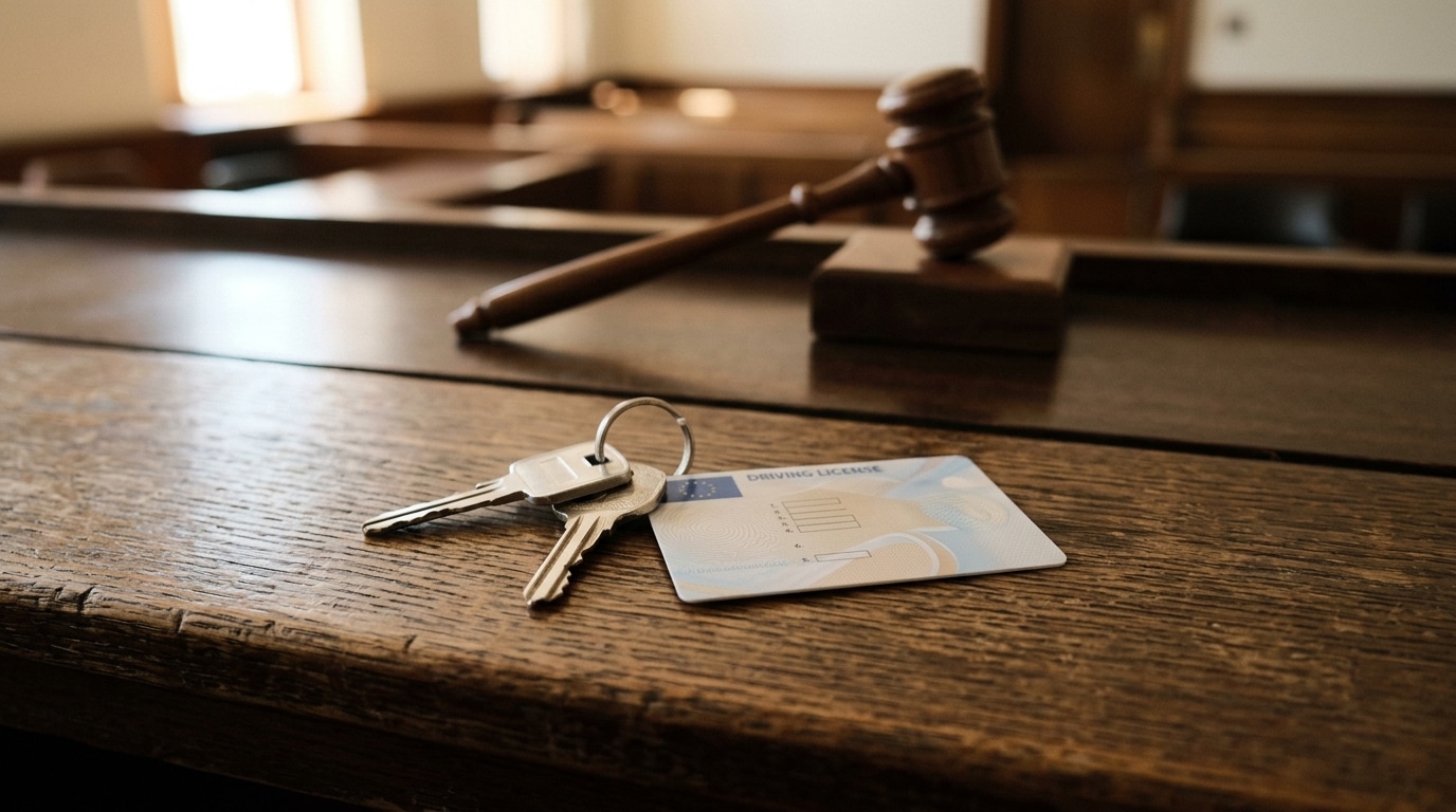 Clés de voiture et permis posés sur un banc de tribunal
