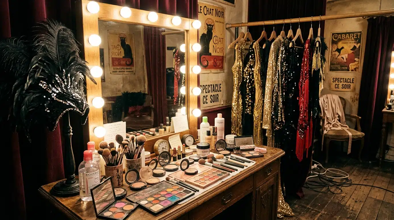 Coulisses de cabaret avec costumes à paillettes et miroir de loge éclairé