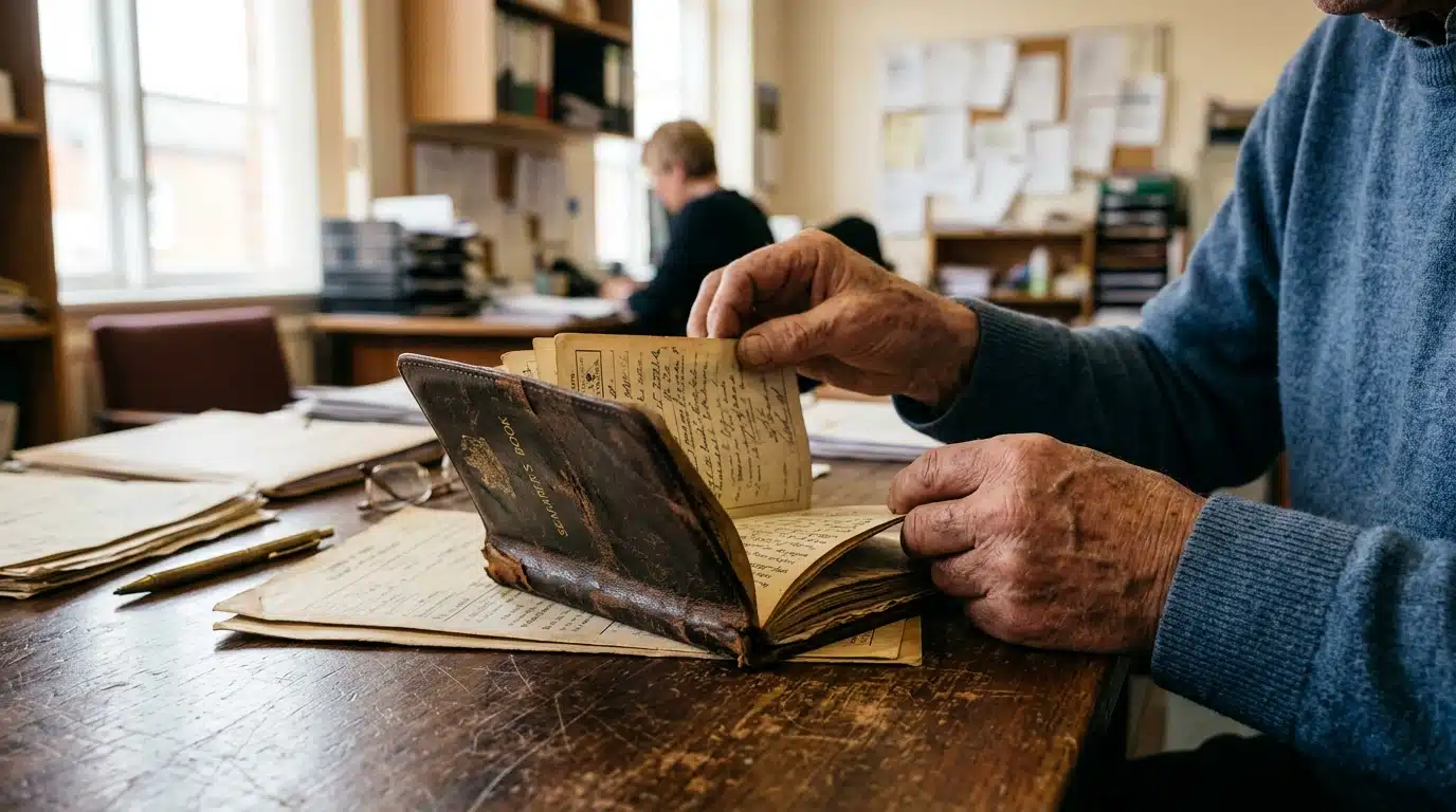 Livret de marin usé posé sur un bureau