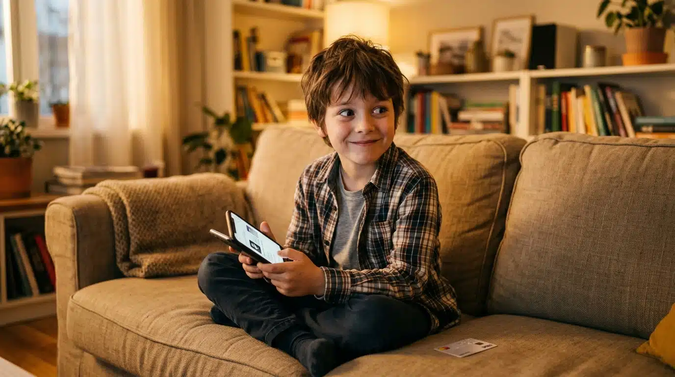 Enfant de 9 ans souriant avec un smartphone et une carte bancaire