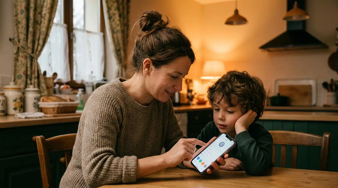 Parent et enfant réglant le contrôle parental sur un smartphone