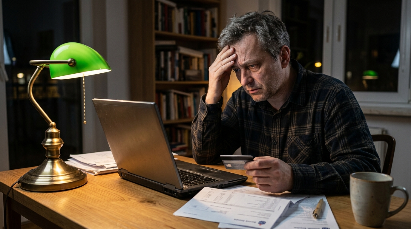 Père inquiet devant un relevé bancaire et sa carte professionnelle
