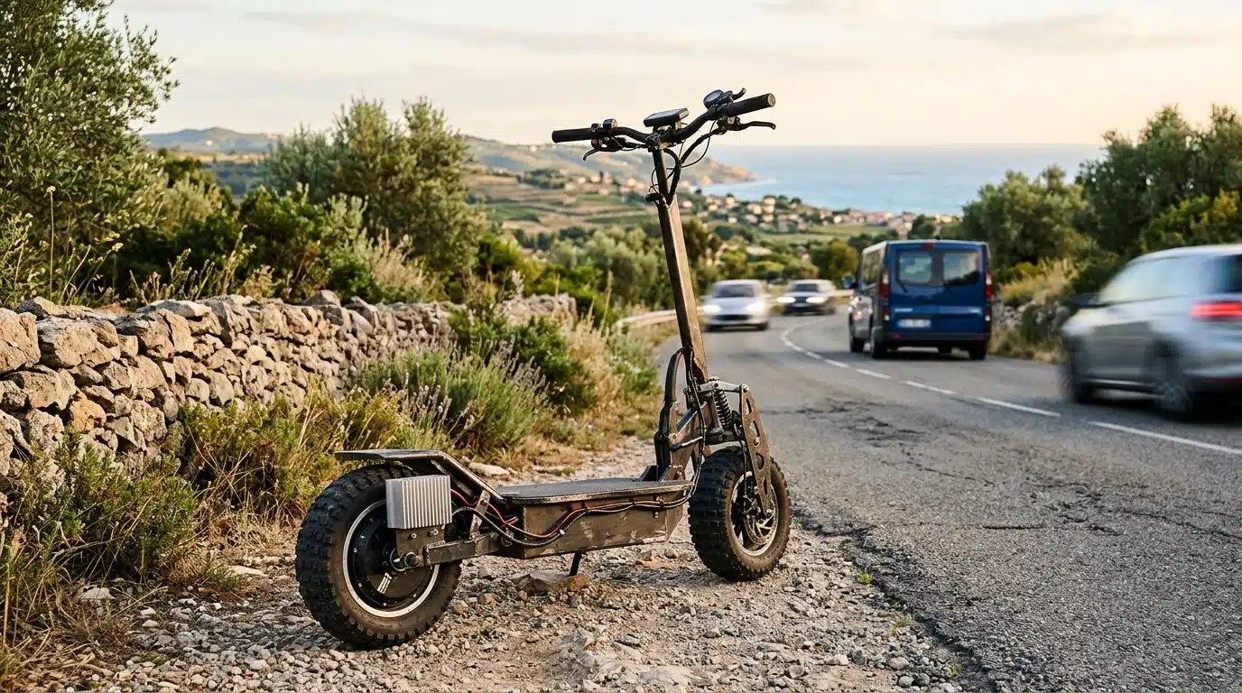 Trottinette électrique modifiée garée au bord d'une route