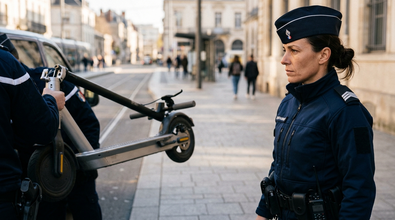 Gendarme au visage sérieux près d'une trottinette saisie