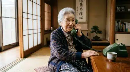 Nonagénaire japonaise au sourire malicieux, téléphone en main